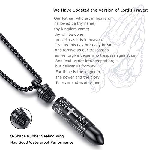 Mens Urn Necklace For Ashes Bullet Shape Cross Cremation Urn Jewelry - color: Black Chain