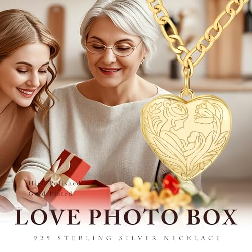 TUGHRA Mother's Day Gifts Gold Locket Necklaces for Women, 925 Sterling Silver Heart Photo Lockets Memorial Keepsake Jewelry Gift for Mom, Wife, Daughter - style: 1226-Mother