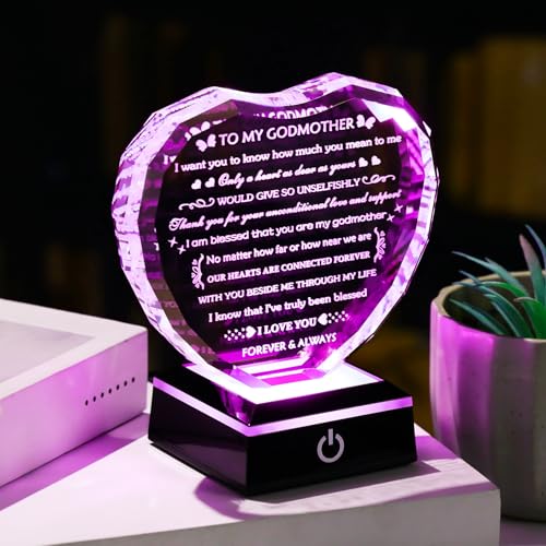 Arikyrist Godmother Gifts from Godchild with Colorful Light Base, Birthday Gift for Godmother Crystal Heart Keepsake, To My Godmothers Gifts from Goddaughter Godson on Mothers Day Christmas - style: Godmother Gifts + Light Base