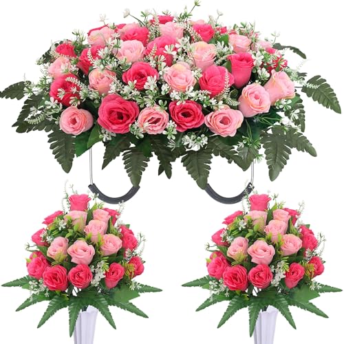 Lodou 3 Sets Cemetery Flowers for Grave,Headstone Flower Saddle,Grave Memorial Flowers with Vase for Cemetery Headstones Decoration﻿(Pink) - color: Pink