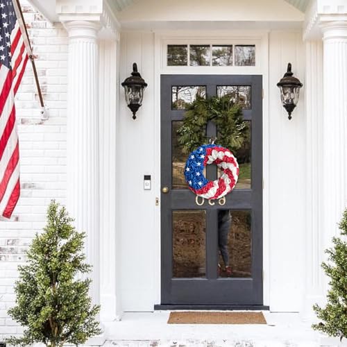 14 Inch Patriotic Roses Handcrafted Wreath, Artificial 4th of July Soft Touch Silk Roses and Metal Stars Wreath for Front Door, Memorial Day for Indoor and Outdoor - size: 14 Inch