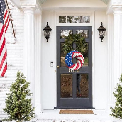 14 Inch Patriotic Roses Handcrafted Wreath, Artificial 4th of July Soft Touch Silk Roses and Metal Stars Wreath for Front Door, Memorial Day for Indoor and Outdoor - size: 14 Inch