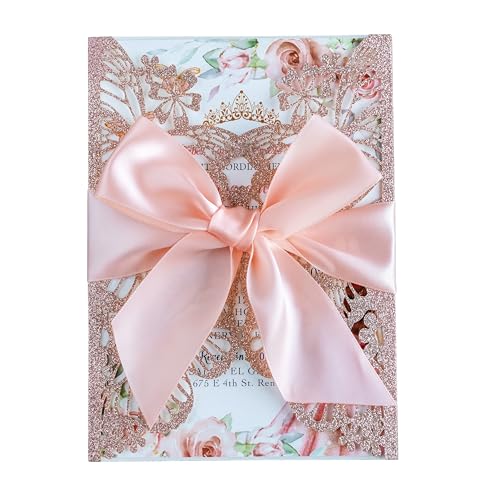 20 PCS Butterfly Quinceanera Invitation, Laser Cut Invitation Cards | 5.12x7.2" Rose Gold Glitter Butterfly Quinceanera Invitation with Envelopes for XV Anos Bridal Shower Baby Shower Invite - color: Rose Gold Glitter
