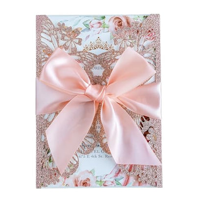 20 PCS Butterfly Quinceanera Invitation, Laser Cut Invitation Cards | 5.12x7.2" Rose Gold Glitter Butterfly Quinceanera Invitation with Envelopes for XV Anos Bridal Shower Baby Shower Invite - color: Rose Gold Glitter