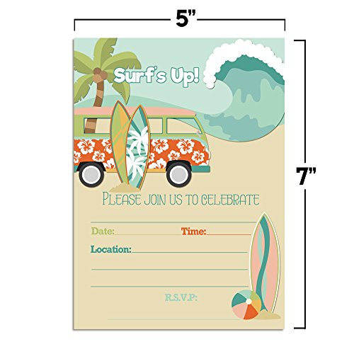 Chasing A Wave Summer Surfs Up Fun Birthday Party Invitations, 20 5x7 Fill In Cards with Twenty White Envelopes by AmandaCreation - style: Chasing A Wave Summer Surfs