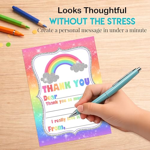 Rainbow Sparkle Thank You Notes for Kids, Ten 4" x 5.5" Fill In The Blank Cards with 10 White Envelopes by AmandaCreation - style: Rainbow Sparkle
