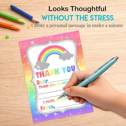 Rainbow Sparkle Thank You Notes for Kids, Ten 4" x 5.5" Fill In The Blank Cards with 10 White Envelopes by AmandaCreation - style: Rainbow Sparkle
