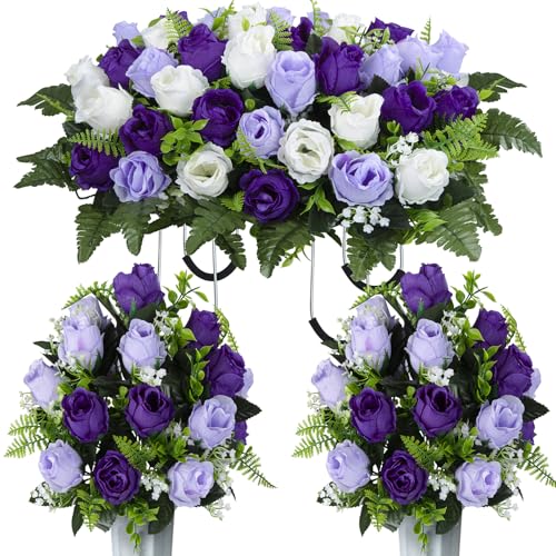 XONOR Artificial Cemetery Flower Saddles, Cemetery Memorial Flowers with Vase for Grave Tombstone Decorations (Purple White) - color: Purple White