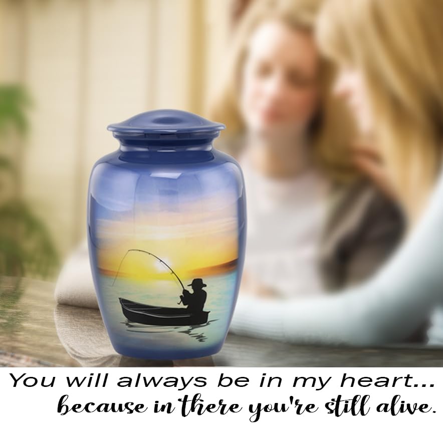 Fishing Urn - Full Size Gone Fishing Cremation Urn - Adult Urns for Men and Women – Fisherman Funeral and Memorial Urns for Human Ashes Upto 210 Lbs with Velvet Bag (Large)