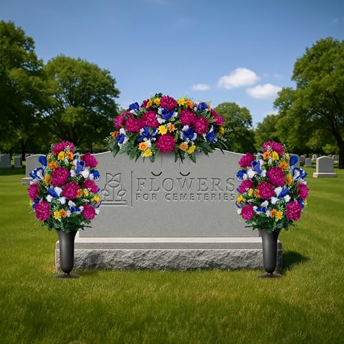 Sympathy Silks - Artificial Flowers for Cemeteries - Fuchsia Mums with Blue Iris - (1) Headstone Saddle (2) Bouquets (2) Vases - size: (1) Saddle (2) Bouquets (2) Vases