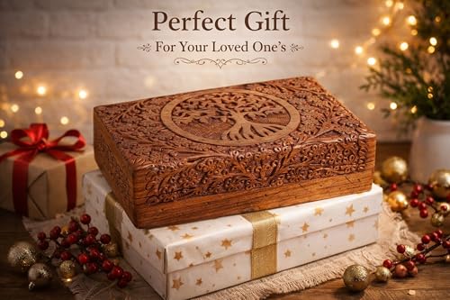 India House-Hand Engraved TREE OF LIFE Wooden Box Keepsake Jewelry Organizer &Storage (Design 13) - color: Design 13