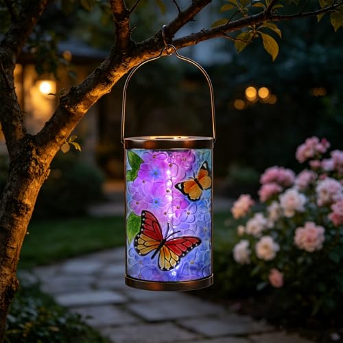 MUMTOP Butterfly Solar Lantern, Hanging Glass Outdoor Garden Light - color: Periwinkle Blue