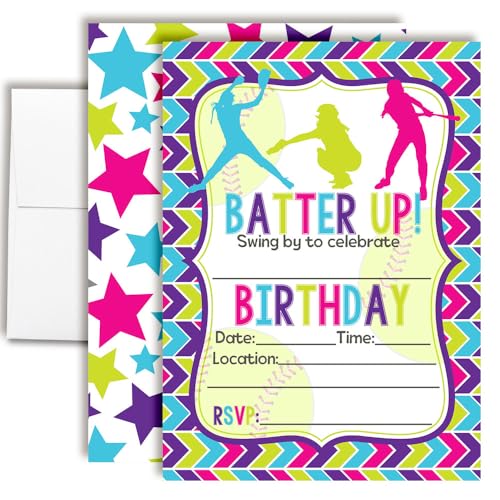 Amanda Creation Batter Up Softball Themed Birthday Party Invitations, 20 5x7 Fill-In Cards with Twenty White Envelopes - style: Batter Up Softball
