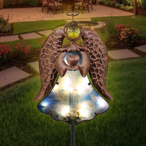 Solar Angel Garden Stake 32in Bronze Iron Cross Memorial Light | Waterproof、Outdoor Decor、Pathway Lighting、Easy Assembly、Vintage Bronze Finish - color: Bronze Angel Holding a Heart