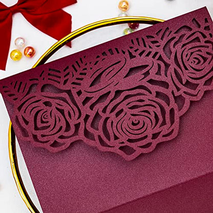 Laser Cutting Invitation Card Greeting Card Graduation Party Rose Flower Wedding Birthday Party Invitations Invitation Pocket With Envelope (Burgundy) | Greeting Card, Graduation Party, Rose Flower, Wedding Birthday Party Invitations, Invitation Pocket Wi