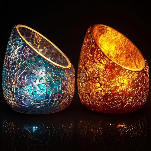 Votive Candle Holder Set, 2PC Mosaic Candle Holder, Handmade Romantic Slanted Stained Glass Candle Holder, Colorful Candle Holders for Aromatherapy, Party Decor (NO Candles)
