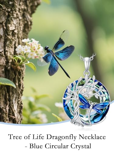TOUPOP Butterfly Necklace for Women 925 Sterling Silver Tree of Life Butterflies Dragonfly Hummingbird Pendant Necklaces Crystal Jewelry Anniversary Christmas Birthday Gift for Her - color: Dragonfly Blue