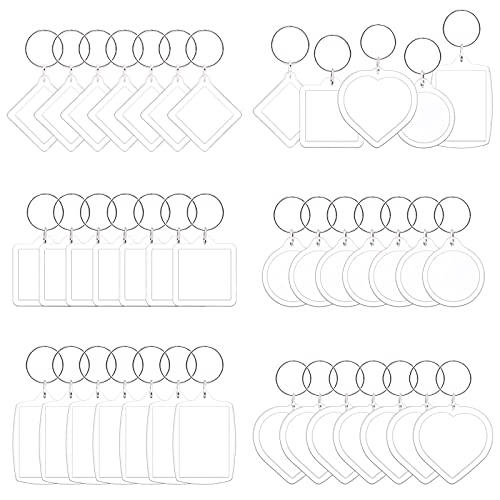 Keadic 40 Pcs Acrylic Photo Frame Keyring Assortment Set, Pendant Picture Frame Keyrings, Personalized Clear Blank Photo Keychain Holder, Heart, Rectangle, Round, Square Suit for Artwork