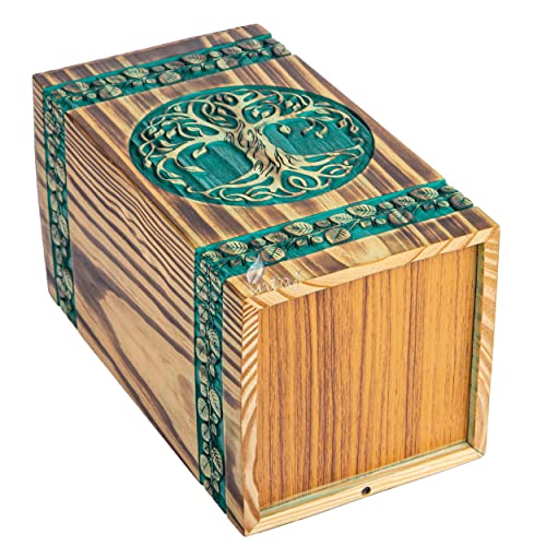 Wooden Urn for Human Ashes, 640 Cu in, XX-Large, Teal & Gold | Hand-carved wood, teal over gold, screw-locked sliding base, engraving available, holds two adults, to 640 lb combined - color: Teal & Gold, size: XL - 14Hx7.5W (640 Cu/In)