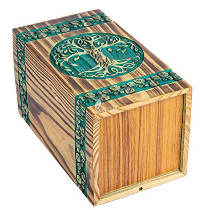 Wooden Urn for Human Ashes, 640 Cu in, XX-Large, Teal & Gold | Hand-carved wood, teal over gold, screw-locked sliding base, engraving available, holds two adults, to 640 lb combined - color: Teal & Gold, size: XL - 14Hx7.5W (640 Cu/In)