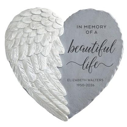 Let's Make Memories Personalized Memorial Garden Stone - Sympathy - Loss of Loved One - Condolences - Indoor/Outdoor - Durable Resin - 3D Iridescent Wing - Beautiful Life - style: In Memory