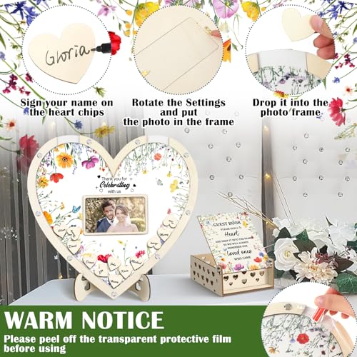 Chunful Hearts Guest Book Alternative with 100 Wooden Hearts Chips Box and Pen Brown Wooden Heart Picture Frame Rustic Guest Book Reception for Wedding Baby Shower Birthday Ceremony(Wildflower) | Drop Box with Photo Frame and Pen, Rustic Decor for Recepti
