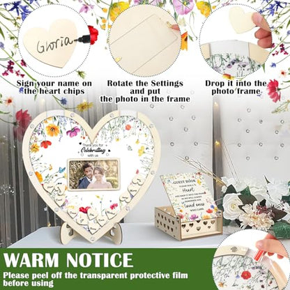 Chunful Hearts Guest Book Alternative with 100 Wooden Hearts Chips Box and Pen Brown Wooden Heart Picture Frame Rustic Guest Book Reception for Wedding Baby Shower Birthday Ceremony(Wildflower) | Drop Box with Photo Frame and Pen, Rustic Decor for Recepti