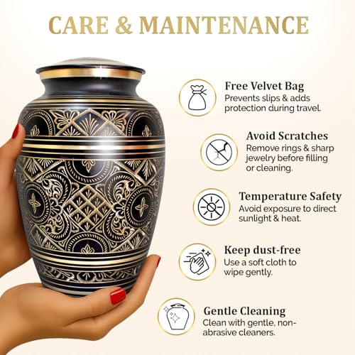 Cremation Urns for Human Ashes – Handcrafted 200 Cu in Brass Memorial Urn with Tight-Seal Lid – A Beautiful, Lasting Tribute for Loved Ones (Black, Large) - color: Black
