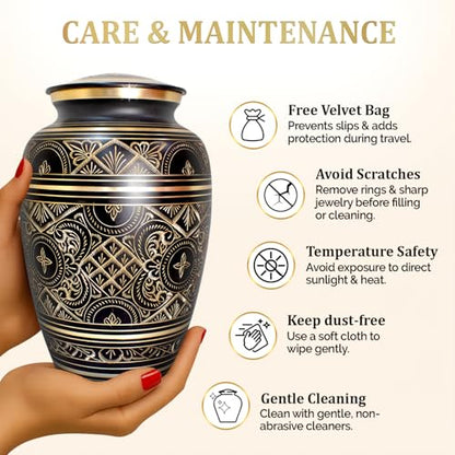 Cremation Urns for Human Ashes – Handcrafted 200 Cu in Brass Memorial Urn with Tight-Seal Lid – A Beautiful, Lasting Tribute for Loved Ones (Black, Large) - color: Black