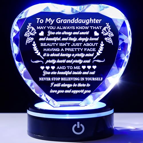 YWHL Granddaughter Gifts from Grandma Graduation Birthday Gifts for Granddaughter Heart Crystal to My Granddaughter Keepsakes Gift with Colorful Base on Wedding Back to School Valentine Christmas - color: Granddaughter Gifts+led
