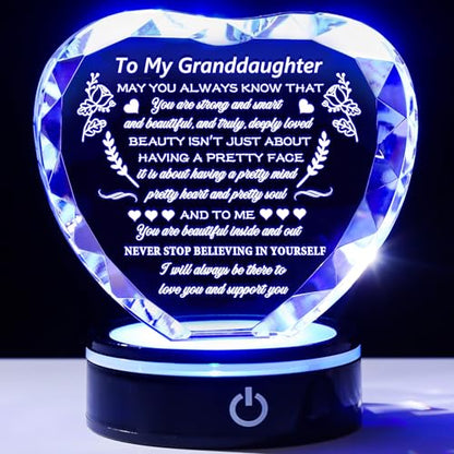 YWHL Granddaughter Gifts from Grandma Graduation Birthday Gifts for Granddaughter Heart Crystal to My Granddaughter Keepsakes Gift with Colorful Base on Wedding Back to School Valentine Christmas - color: Granddaughter Gifts+led