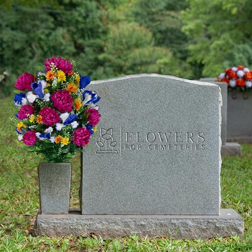 Sympathy Silks Artificial Cemetery Flowers - Gravesite Flowers - Fuchsia Mums with Blue Iris - (1) Bouquet - size: Bouquet
