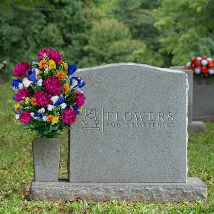 Sympathy Silks Artificial Cemetery Flowers - Gravesite Flowers - Fuchsia Mums with Blue Iris - (1) Bouquet - size: Bouquet