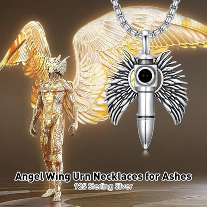 SIMONLY Bullet Urn Necklaces for Ashes 925 Sterling Silver Animal/Angel Wings/Pet/Jesus Necklace Bullet Pendant Cremation Jewelry for Men - color: Angel Wings