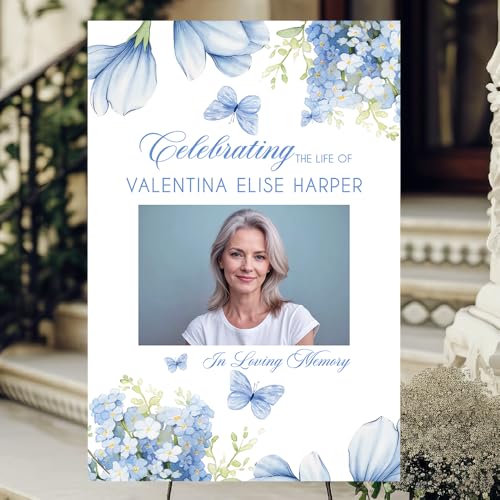 Custom Funeral Welcome Yard Sign, Personalized Memorial Sign with Photo, Celebration of Life Decor, In Loving Memory Sign, Blue Floral Butterfly Theme for Funeral - color: Memorial 15