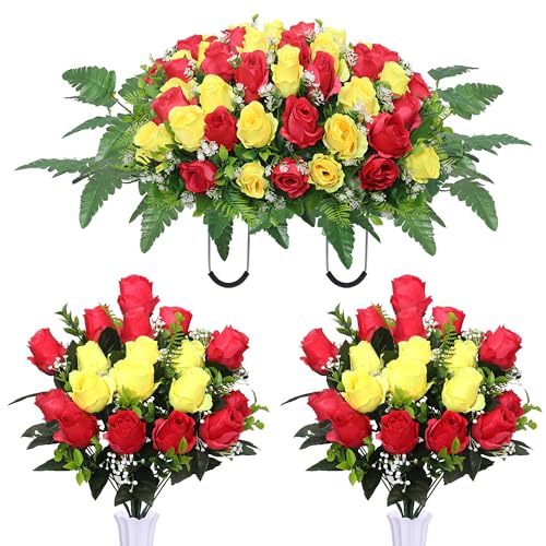 Artificial Cemetery Flower Saddles, Cemetery Memorial Flowers with Vase,Outdoor Grave Saddle Headstone Decorations, Artificial Rose Bouquet Grave Memorial Flowers (Red Yellow) - color: Red Yellow