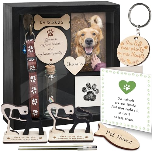 vinatimes 8.6'' Pet Memorial Gift Shadow Box Black Collar Holder Picture Frame Pet Paw Ink Kit Dog Wooden Sculpture Bottle Rainbow Pet Hair Keepsake Gift Loss of Dog Cat Tabletop Wall Hanging PSD-4B - color: Black, size: 8.6 inches