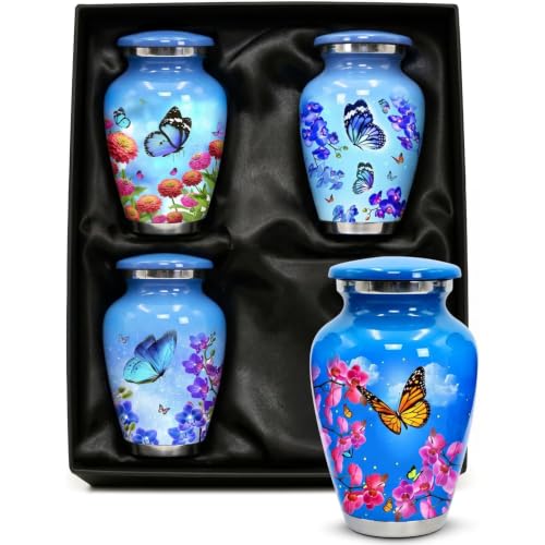 Small Urns for Human Ashes – Set of 4 Mini Keepsake Urns for Ashes, with Velvet Bag & Gift Box, Memorial Sharing Urns (Sky Blue, Set of 4) - color: Sky Blue