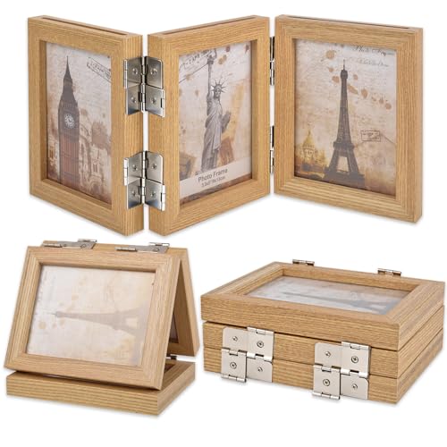 Collage Picture Photo Frames - 3.5x5, Triple Hinged 3 Desk Picture Frame, Wooden Desk Tabletop Family Photo Frame with Glass Opening, Decorative Folding Trifold Picture Frame Stand Vertical, Natural Wood - style: Collage Natural Wood 3-Fold,3×3.5"