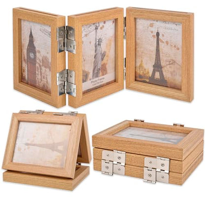 Collage Picture Photo Frames - 3.5x5, Triple Hinged 3 Desk Picture Frame, Wooden Desk Tabletop Family Photo Frame with Glass Opening, Decorative Folding Trifold Picture Frame Stand Vertical, Natural Wood - style: Collage Natural Wood 3-Fold,3×3.5"