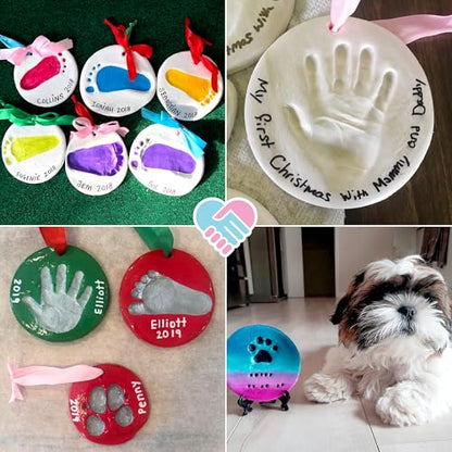 Baby Handprint Ornament Making Kit with Paint Set, Easel & Ribbons, Makes 2 | Easy-to-use air-dry clay kit - makes 2 handprint or footprint keepsakes, grandparents & holidays