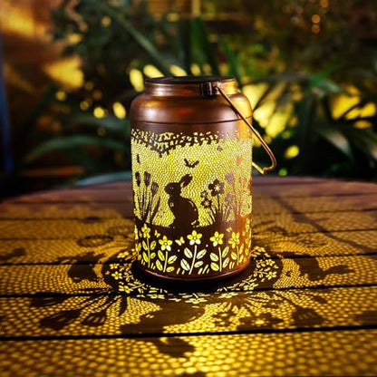 Fathers Day Gifts Rabbit Solar Lanterns Outdoor Waterproof,Hanging Bunny Solar Lights Metal Decoration Outside for Yard,Patio,Porch, Pathway, Lawn Garden Decor Lantern Gifts for Women Mom - style: C.Rabbit