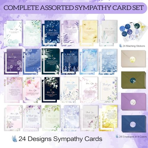 Funeral Thank You Cards, 24 Pack, Watercolor Floral with Gold Cross, 4x6 in | 300g card stock, no bleed-through, 24 cards with envelopes and stickers, pre-printed messages, for Memorial Service Gratitude