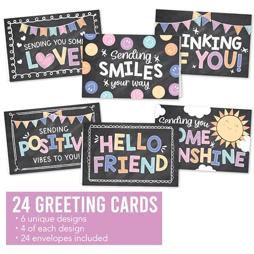 Hadley Designs Thinking of You Cards with Envelopes - 24 Hello Greeting Cards Thinking of You Card for Men & Women Bulk, Blank Encouragement Card for Kids, Just Because Cheerful Encouraging Notecards - style: Chalk Colorful