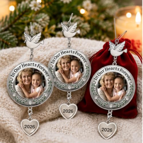 Memorial Christmas Photo Ornaments 2026, Set of 3 Remembrance Keepsakes, in Our Hearts Forever Sympathy Ornaments with Clear Gems, Floral Accents, Dove Hooks and Gift Bags, 3 Inch - size: 3 Pack