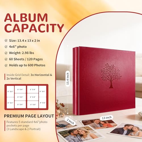Photo Album 4x6 600 Slip-in Pockets, PU Leather Large Capacity Photo Book | Holds Horizontal & Vertical Photos Acid-Free for Mom Grandma Baby Shower Wedding Anniversary Christmas - color: Red