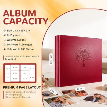 Photo Album 4x6 600 Slip-in Pockets, PU Leather Large Capacity Photo Book | Holds Horizontal & Vertical Photos Acid-Free for Mom Grandma Baby Shower Wedding Anniversary Christmas - color: Red
