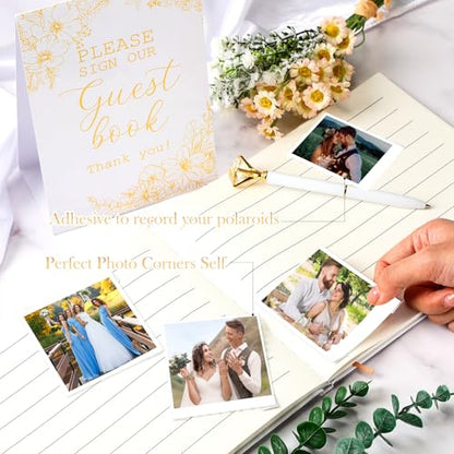 Wedding Guest Book with Pen and Table Sign, 7x9 Inch Photo Guestbook with 88 Lined Pages, Personalized Guestbook Photo Album Sign in Book for Reception Bridal Shower Wedding Birthday Party(Gold Foil) - style: Gold Foil
