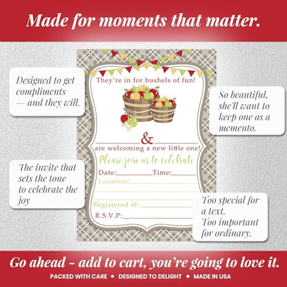 Bushels of Fun Apple Baby Shower Invitations, 20 5x7 Fill In Cards with Twenty White Envelopes by AmandaCreation™ - style: Bushels of Fun Apple