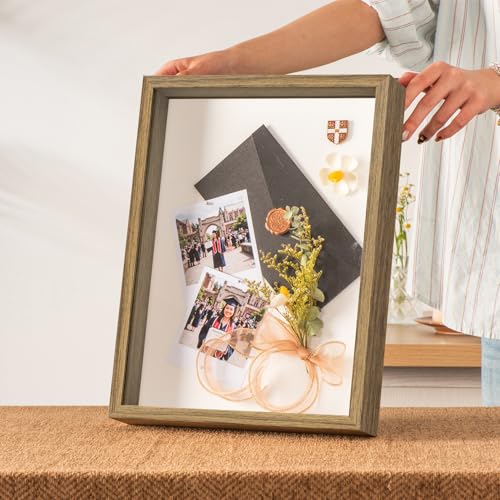 12x16 Large Shadow Box Frame with Thickened Acrylic Panel & Pins | With Push Pins, Deep 1.7" Brown Shadow Box Display Case – Display on Tabletop or Wall for Jersey, T-shirt, Keepsake, Wedding - color: Brown+high Definition Panel + Shatter-proof Packaging,